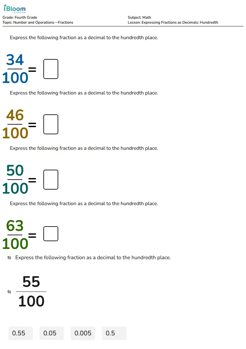 Expressing Fractions as Decimals: Hundredth Lesson for Fourth Grade | iBloom