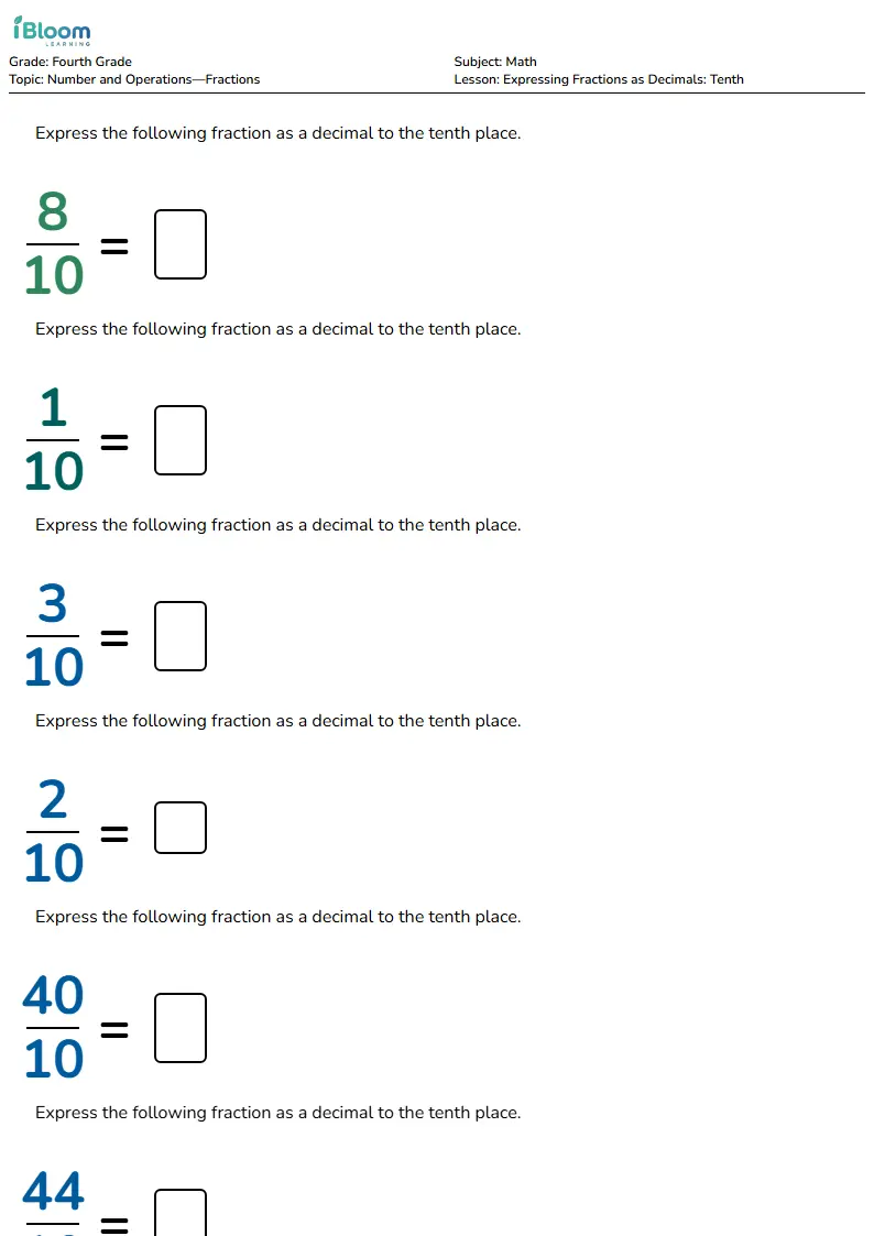 Expressing Fractions as Decimals: Tenth Lesson for Fourth Grade | iBloom