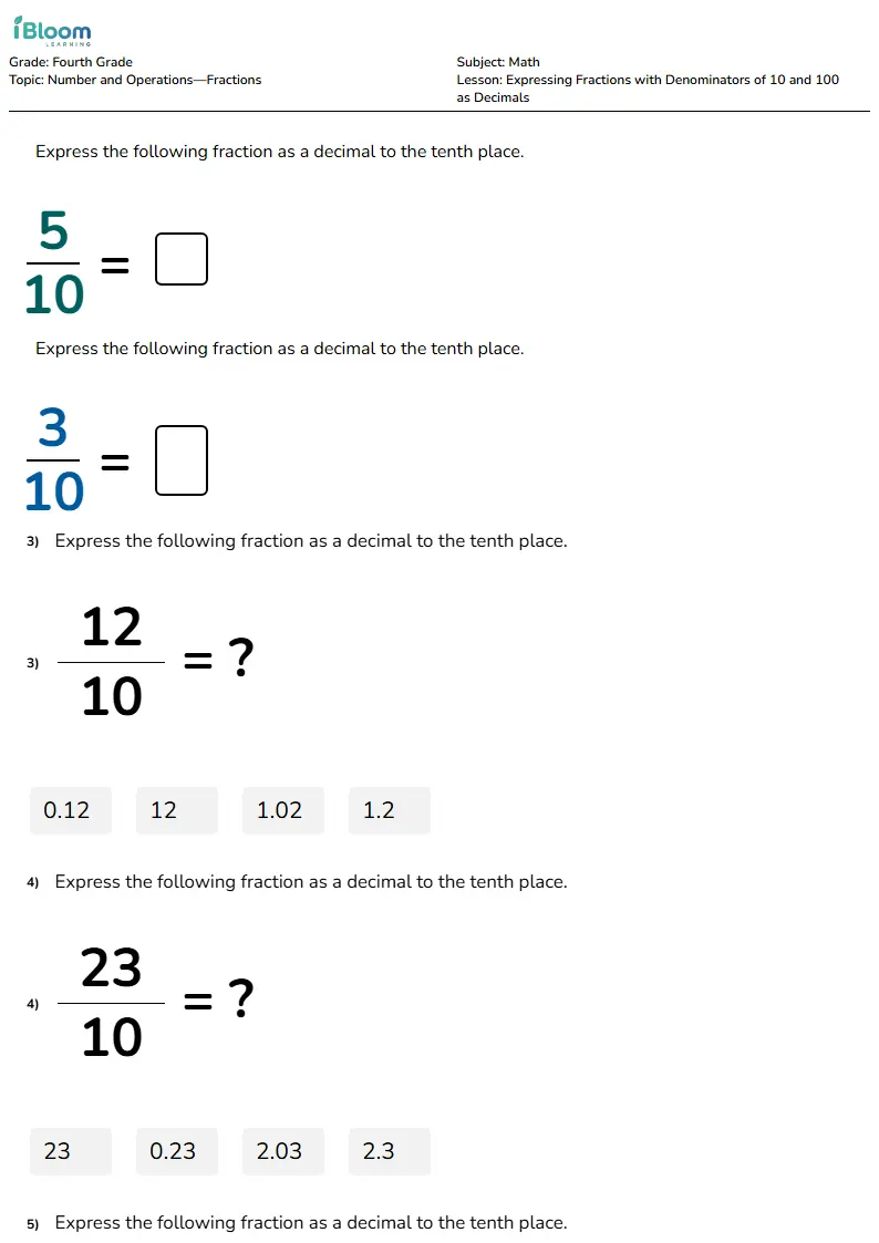 Expressing Fractions with Denominators of 10 and 100 as Decimals Lesson for Fourth Grade | iBloom