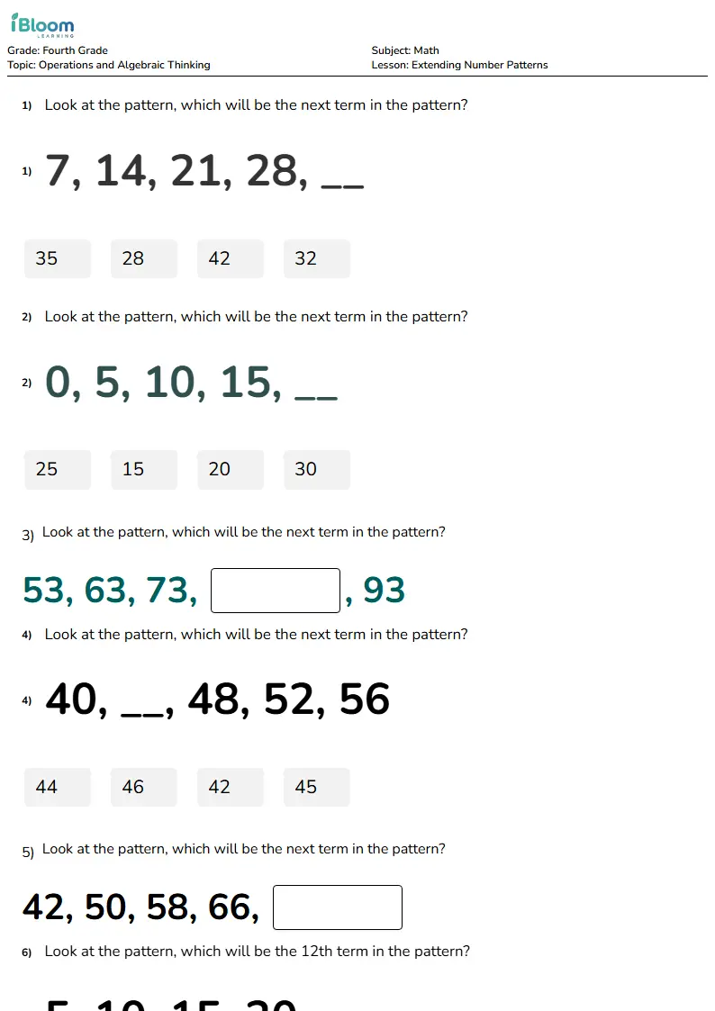 Extending Number Patterns Lesson for Fourth Grade | iBloom