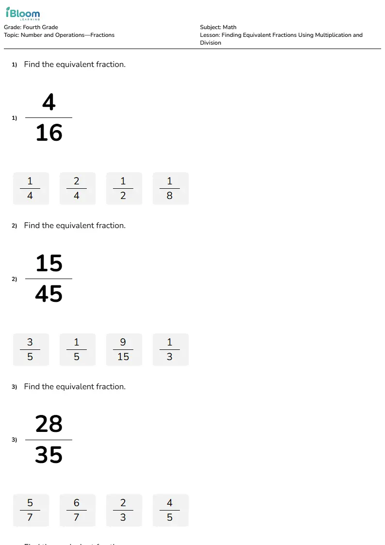 Finding Equivalent Fractions Using Multiplication and Division Lesson for Fourth Grade | iBloom