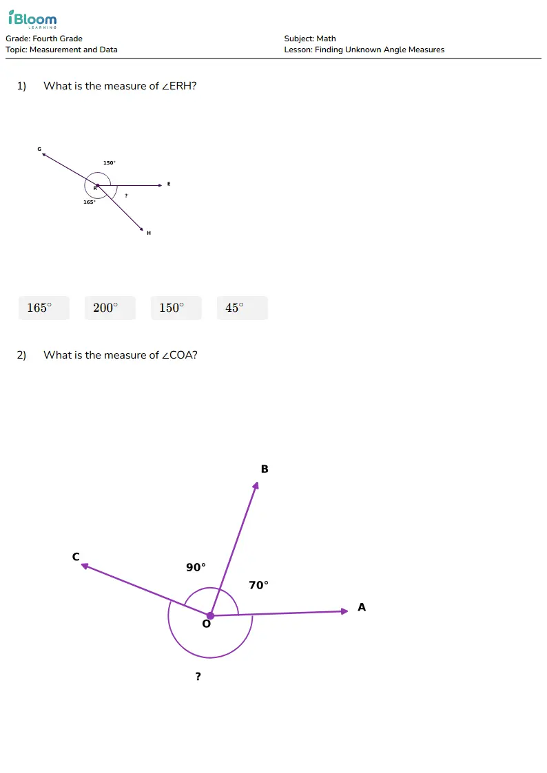 Finding Unknown Angle Measures Lesson for Fourth Grade | iBloom