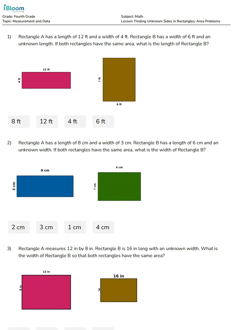Finding Unknown Sides in Rectangles: Area Problems Lesson for Fourth Grade | iBloom