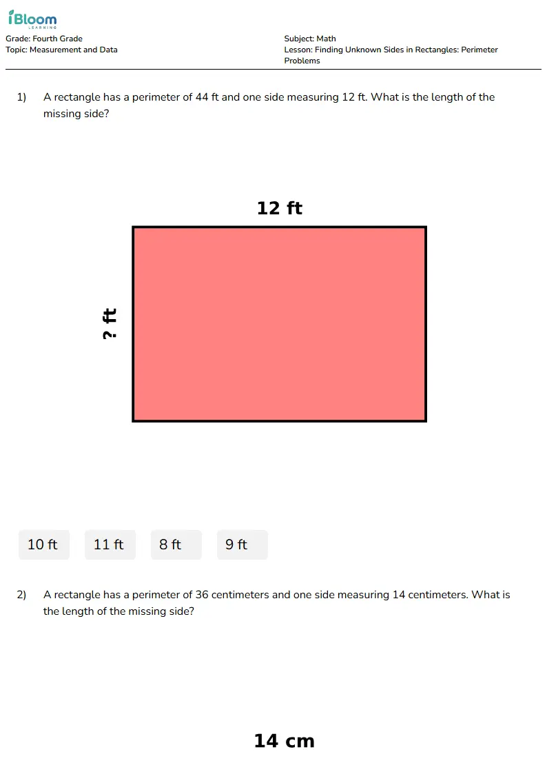 Finding Unknown Sides in Rectangles: Perimeter Problems Lesson for Fourth Grade | iBloom