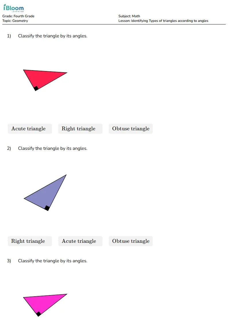 Identifying Types of triangles according to angles Lesson for Fourth Grade | iBloom
