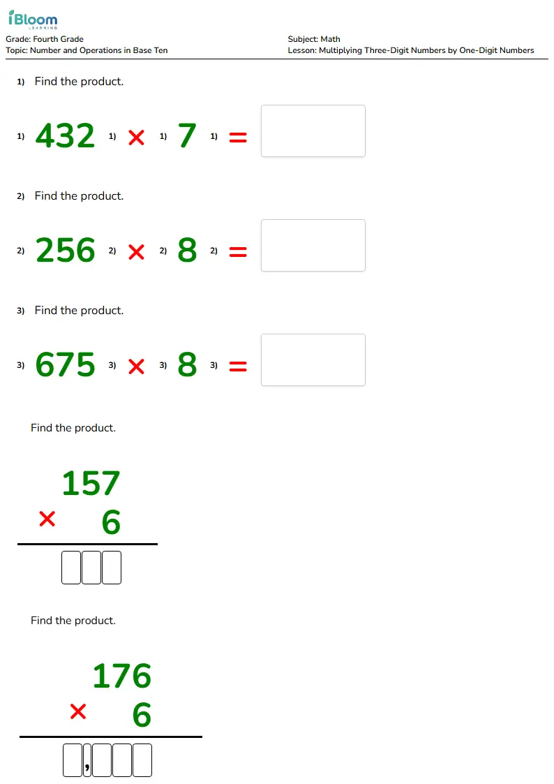 Multiplying Three-Digit Numbers by One-Digit Numbers Lesson for Fourth Grade | iBloom
