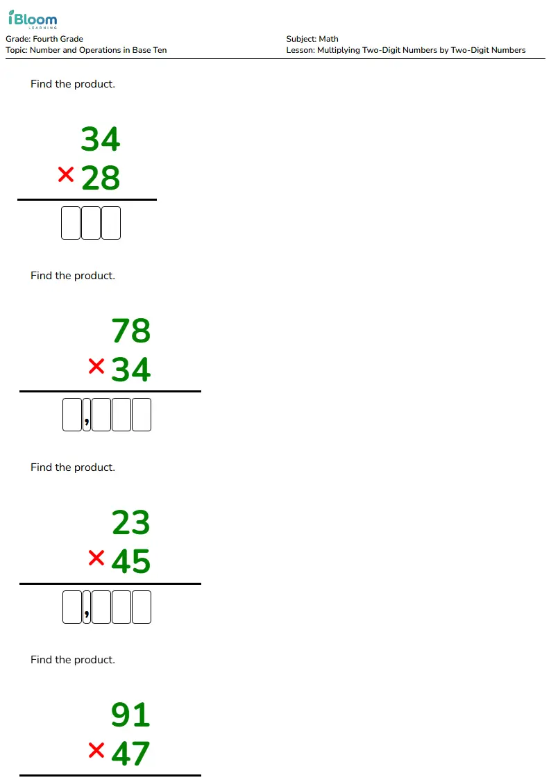Multiplying Two-Digit Numbers by Two-Digit Numbers Lesson for Fourth Grade | iBloom