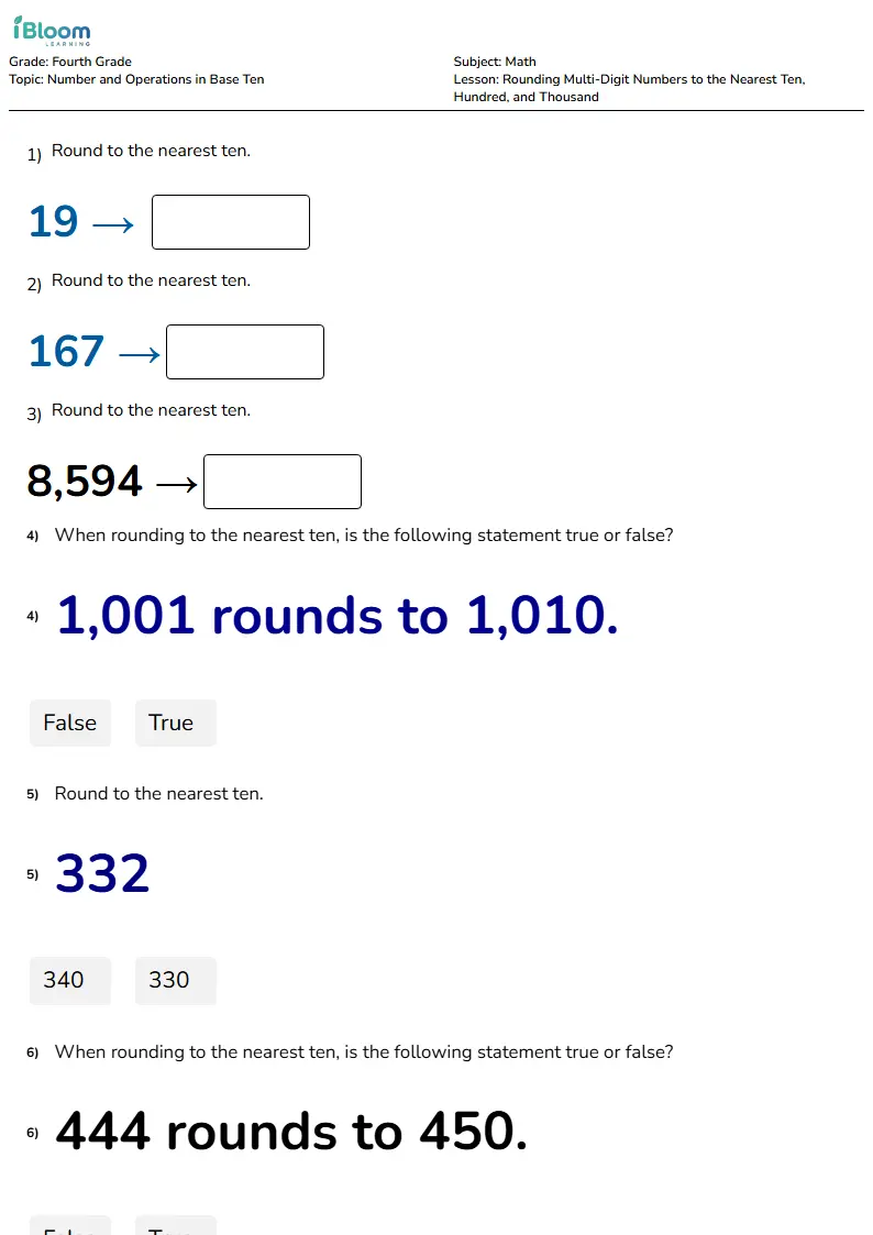 Rounding Multi-Digit Numbers to the Nearest Ten, Hundred, and Thousand Lesson for Fourth Grade | iBloom