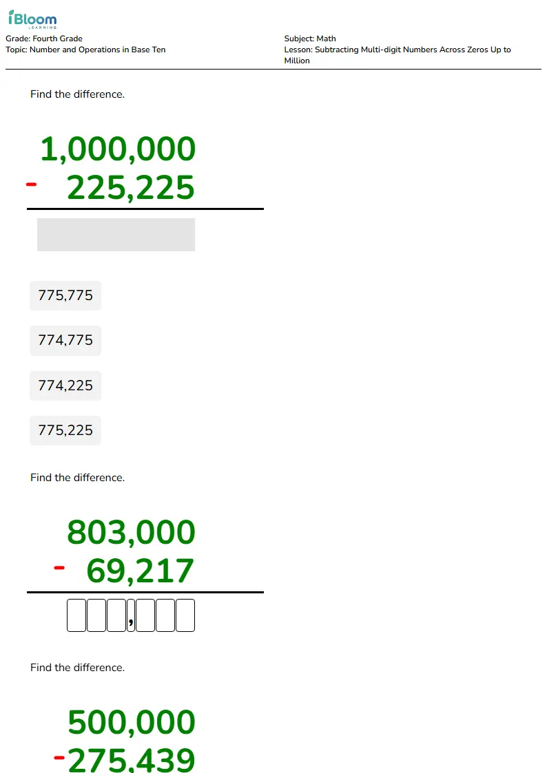 Subtracting Multi-digit Numbers Across Zeros Up to Million Lesson for Fourth Grade | iBloom