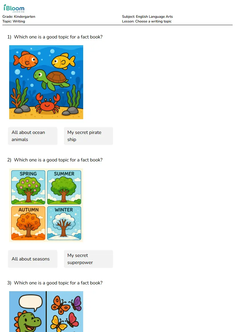 Choose a writing topic Lesson for Kindergarten
