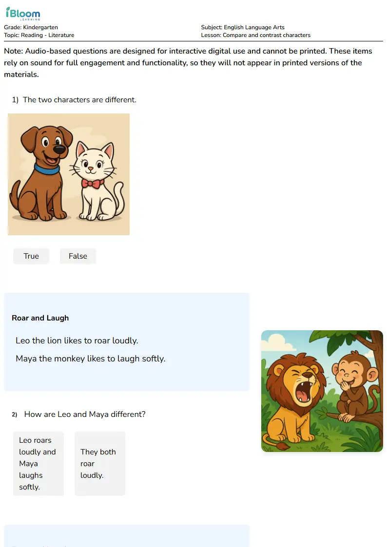 Compare and contrast characters Lesson for Kindergarten