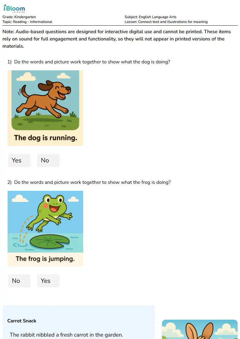 Connect text and illustrations for meaning Lesson for Kindergarten