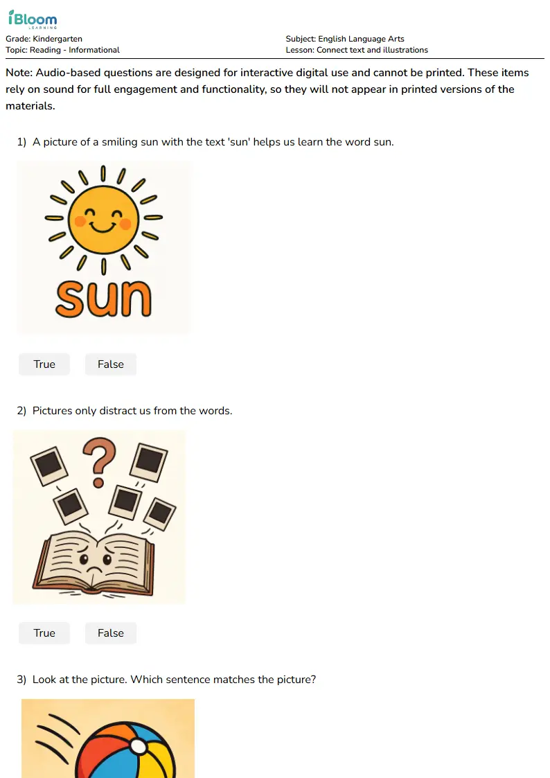 Connect text and illustrations Lesson for Kindergarten