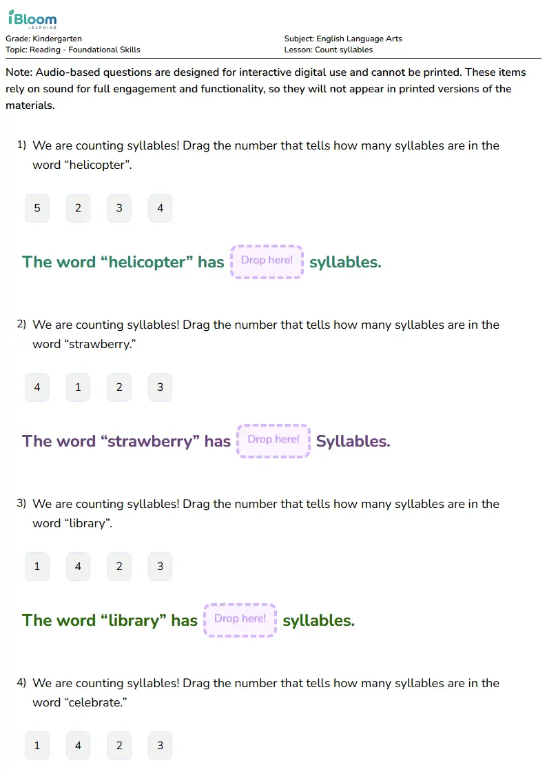 Count syllables Lesson for Kindergarten