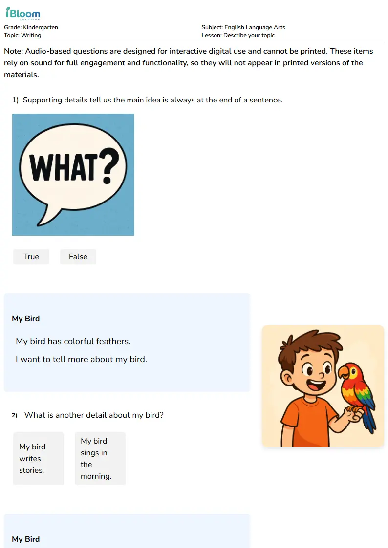 Describe your topic Lesson for Kindergarten