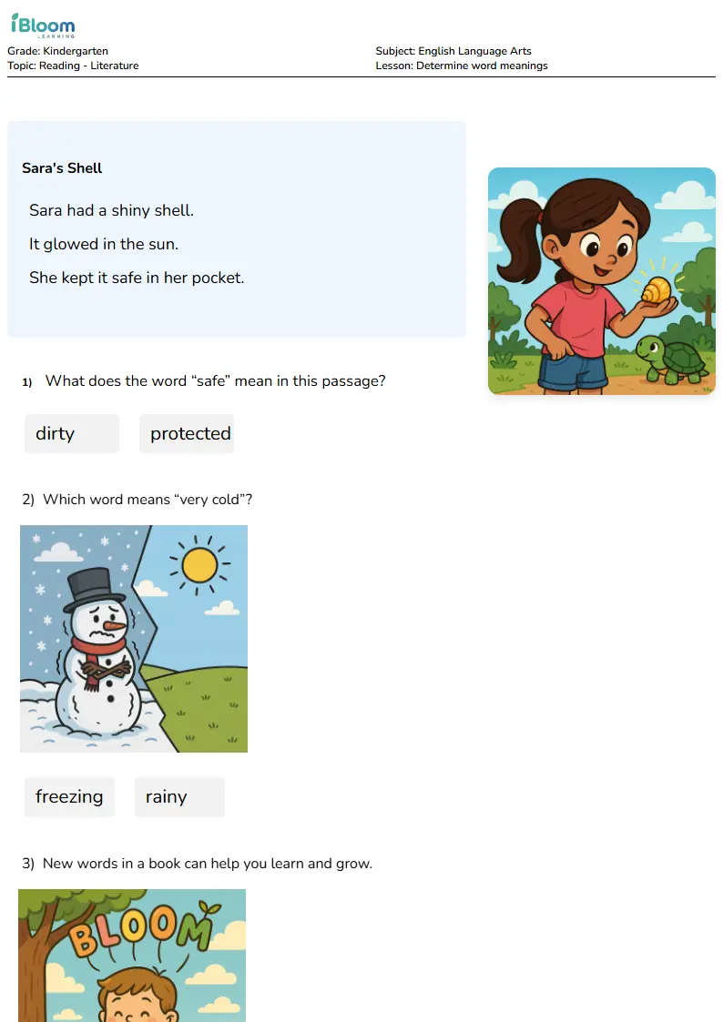Determine word meanings Lesson for Kindergarten