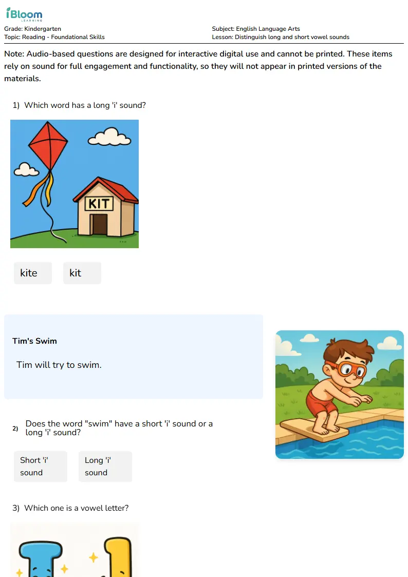 Short and Long Vowel Sounds Lesson