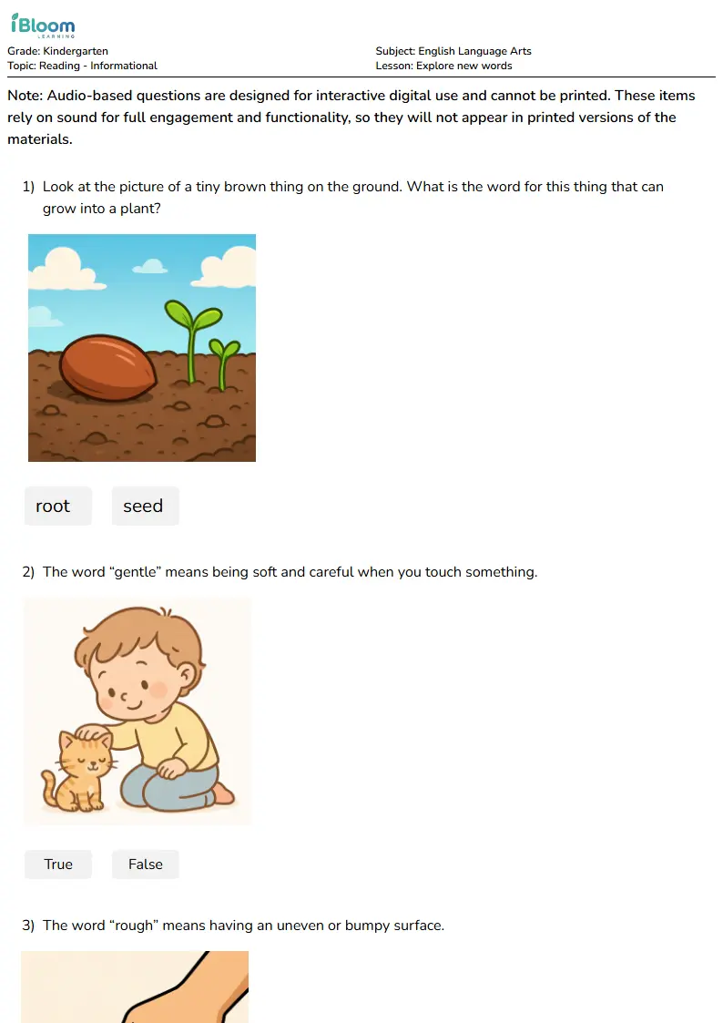 Explore new words Lesson for Kindergarten