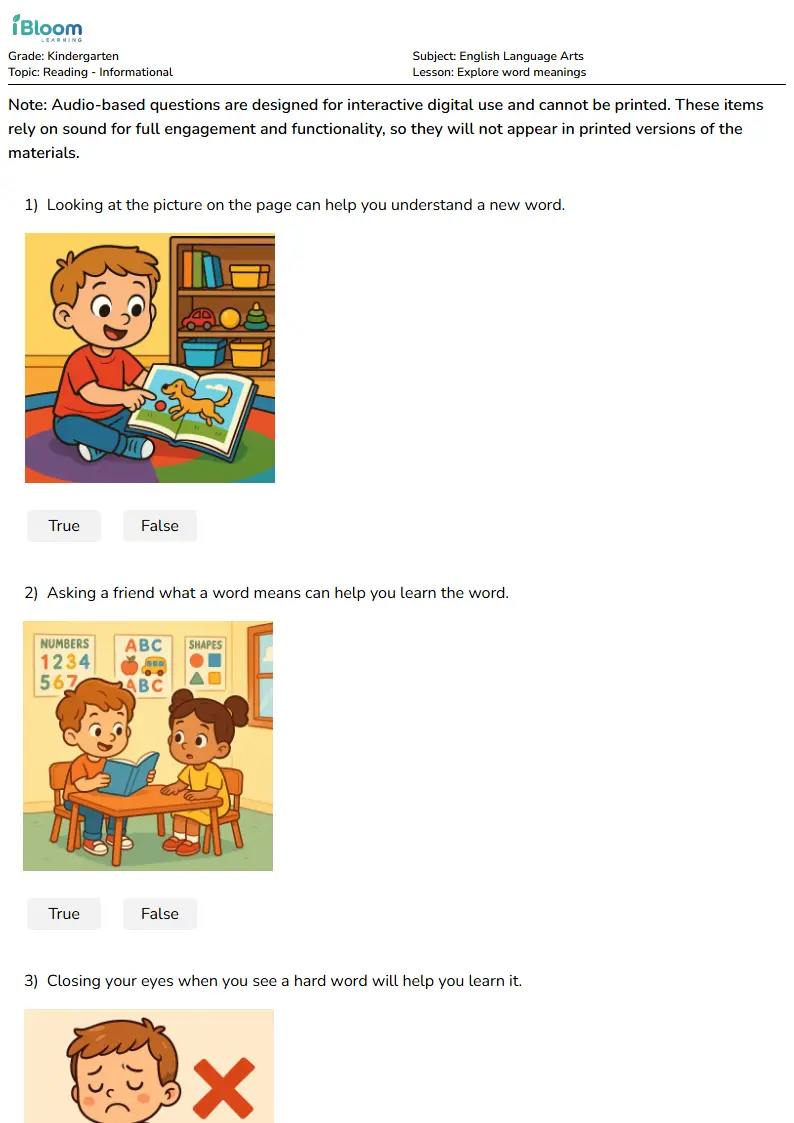 Explore word meanings Lesson for Kindergarten