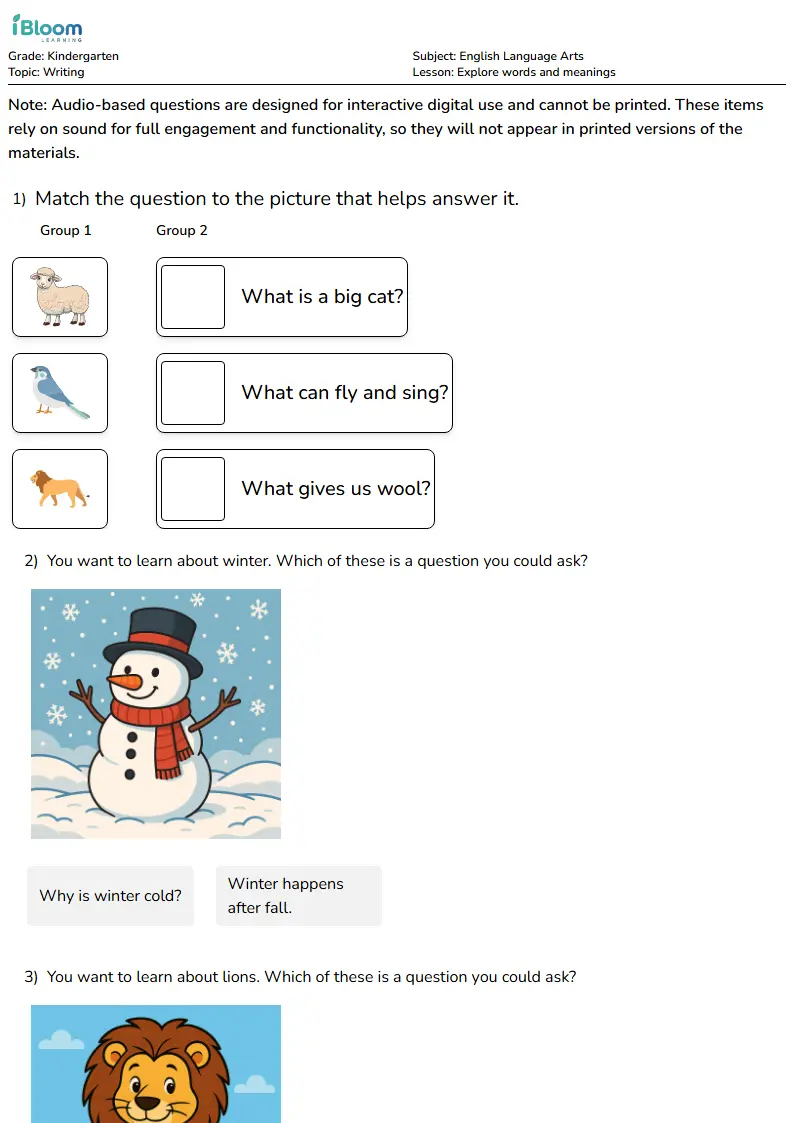 Explore words and meanings Lesson for Kindergarten
