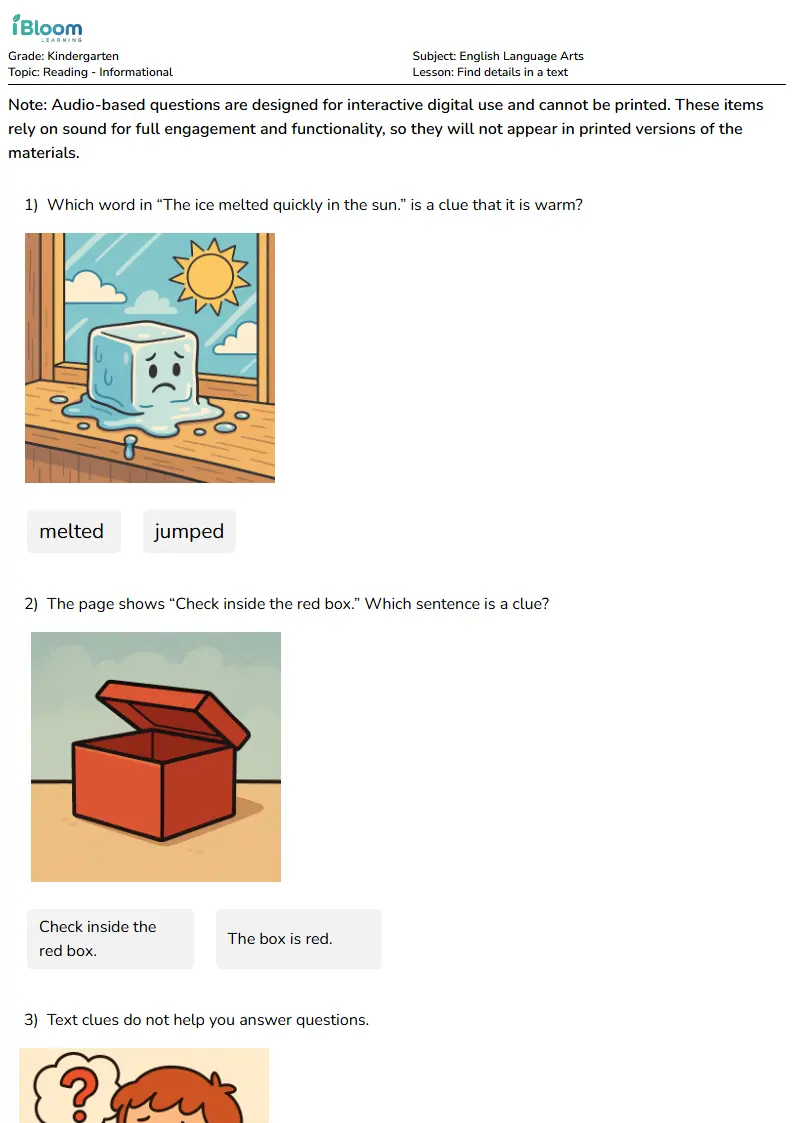 Find details in a text Lesson for Kindergarten | iBloom