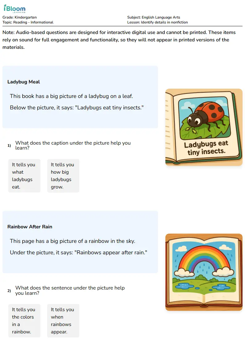 Identify details in nonfiction Lesson for Kindergarten | iBloom