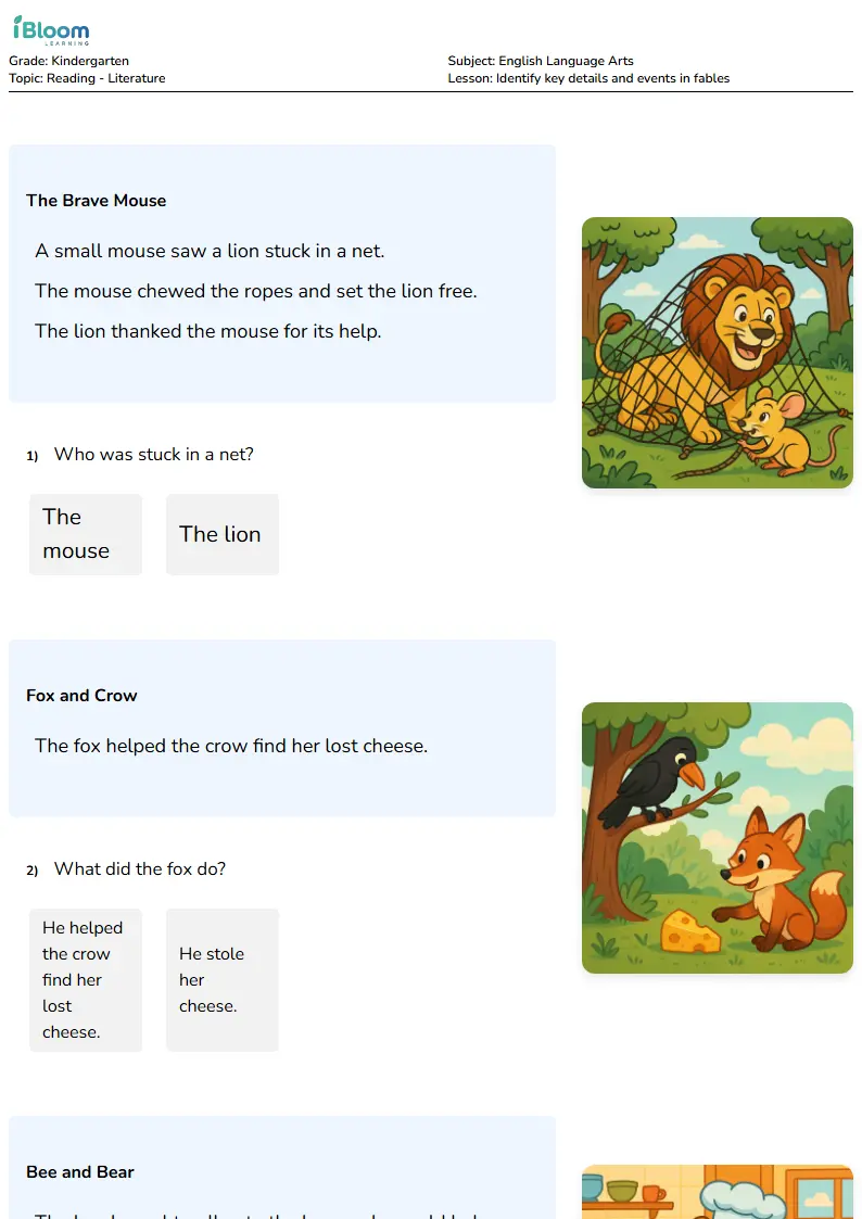 Identify key details and events in fables Lesson for Kindergarten | iBloom