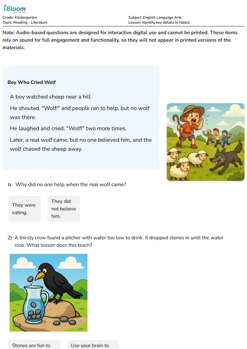 Identify key details in fables Lesson for Kindergarten | iBloom