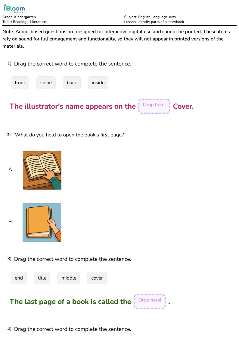 Identify parts of a storybook Lesson for Kindergarten | iBloom