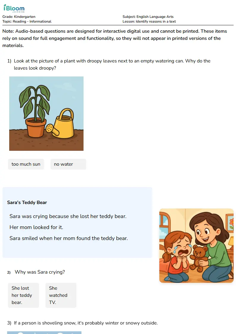 Identify reasons in a text Lesson for Kindergarten | iBloom