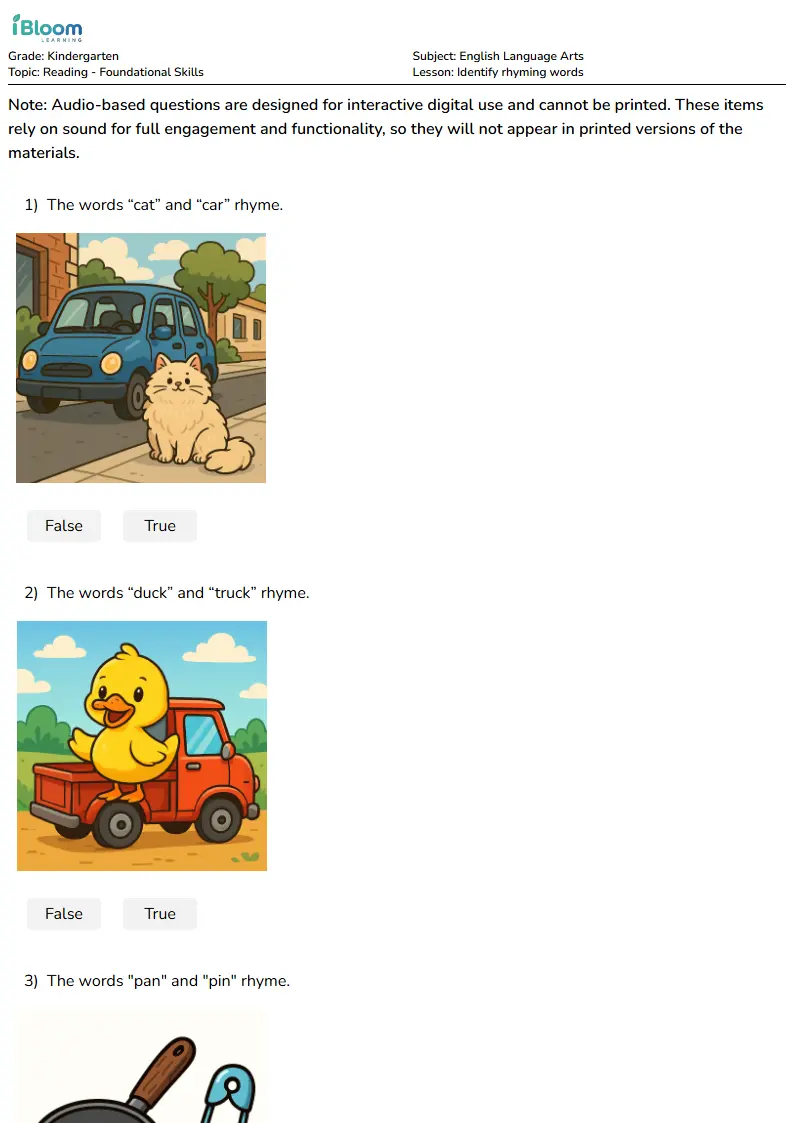 Identify rhyming words Lesson for Kindergarten | iBloom