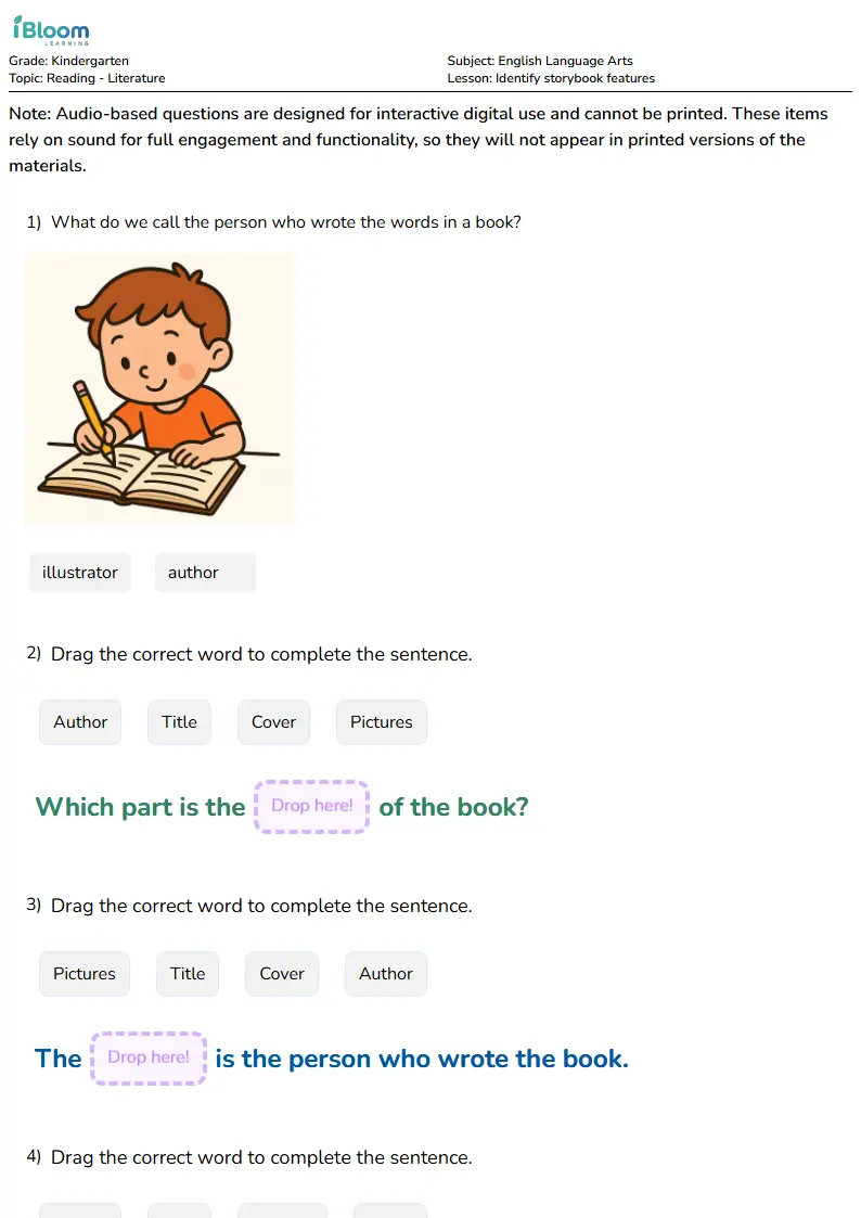 Identify storybook features Lesson for Kindergarten | iBloom