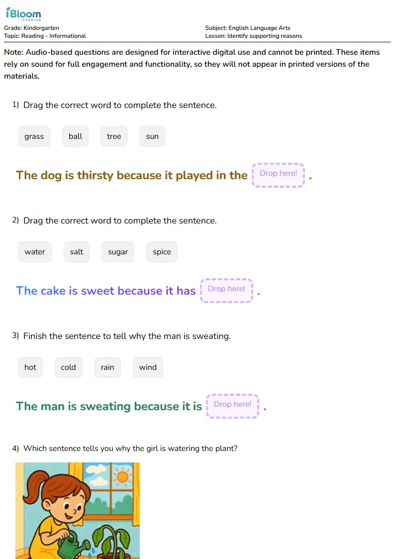 Identify supporting reasons Lesson for Kindergarten | iBloom