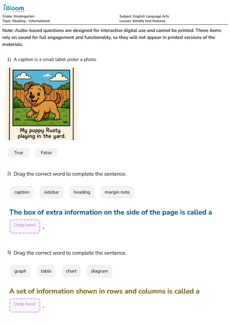 Identify text features Lesson for Kindergarten | iBloom