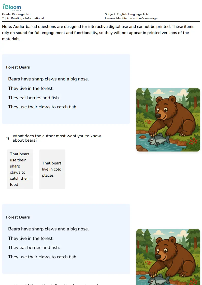 Identify the author's message Lesson for Kindergarten | iBloom