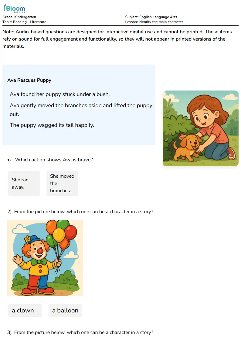 Identify the main character Lesson for Kindergarten | iBloom
