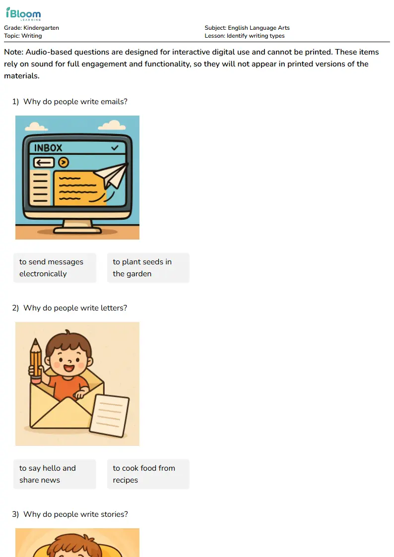 Identify writing types Lesson for Kindergarten | iBloom