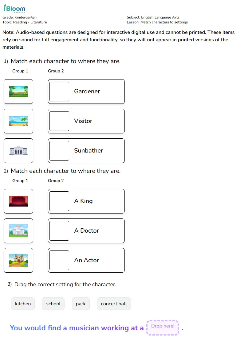 Match characters to settings Lesson for Kindergarten | iBloom