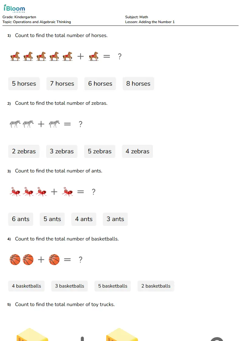 Adding the Number 1 Lesson for Kindergarten
