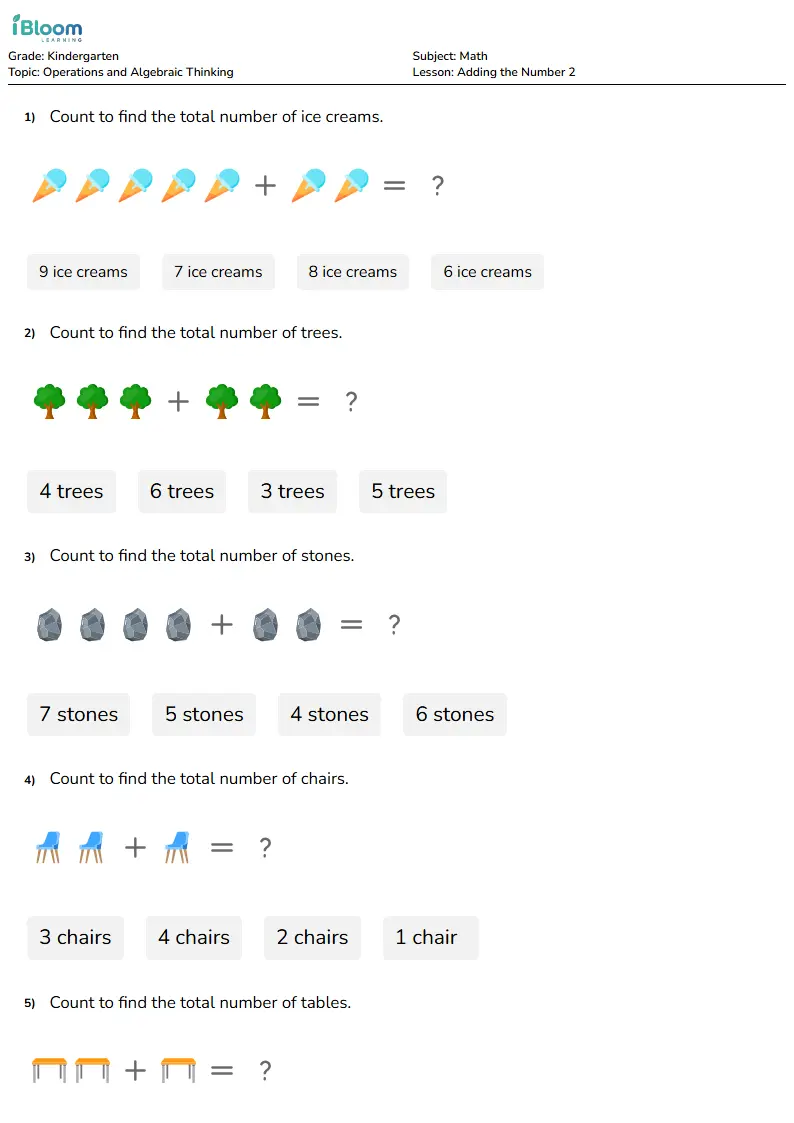 Adding the Number 2 Lesson for Kindergarten