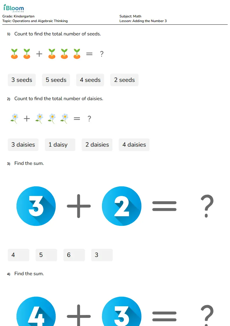 Adding the Number 3 Lesson for Kindergarten