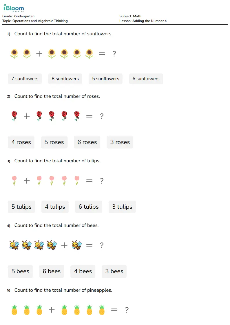 Adding the Number 4 Lesson for Kindergarten