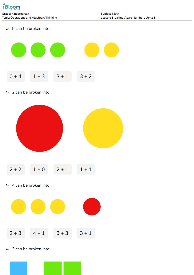 Breaking Apart Numbers Up to 5 Lesson for Kindergarten