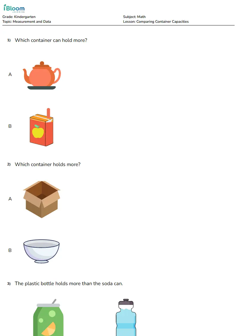 Comparing Container Capacities Lesson for Kindergarten