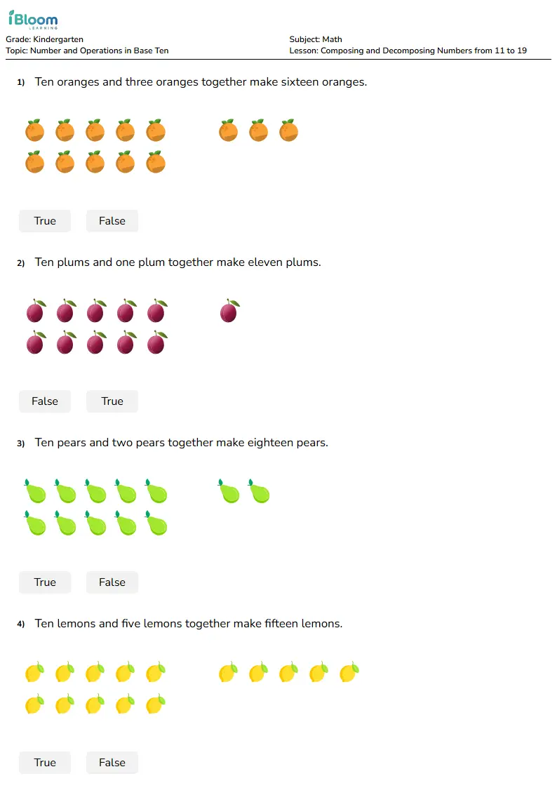 Composing and Decomposing Numbers from 11 to 19 Lesson for Kindergarten
