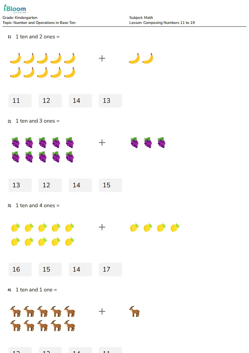 Composing Numbers 11 to 19 Lesson for Kindergarten