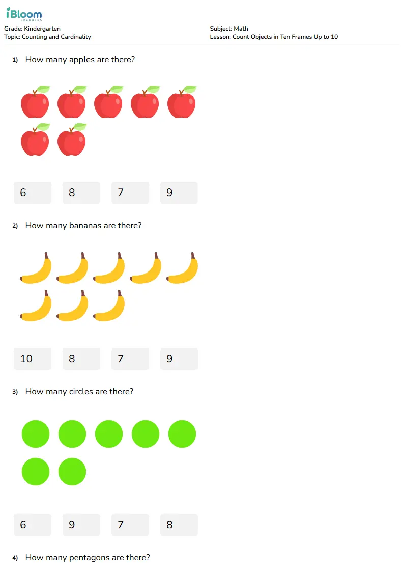 Count Objects in Ten Frames Up to 10 Lesson for Kindergarten