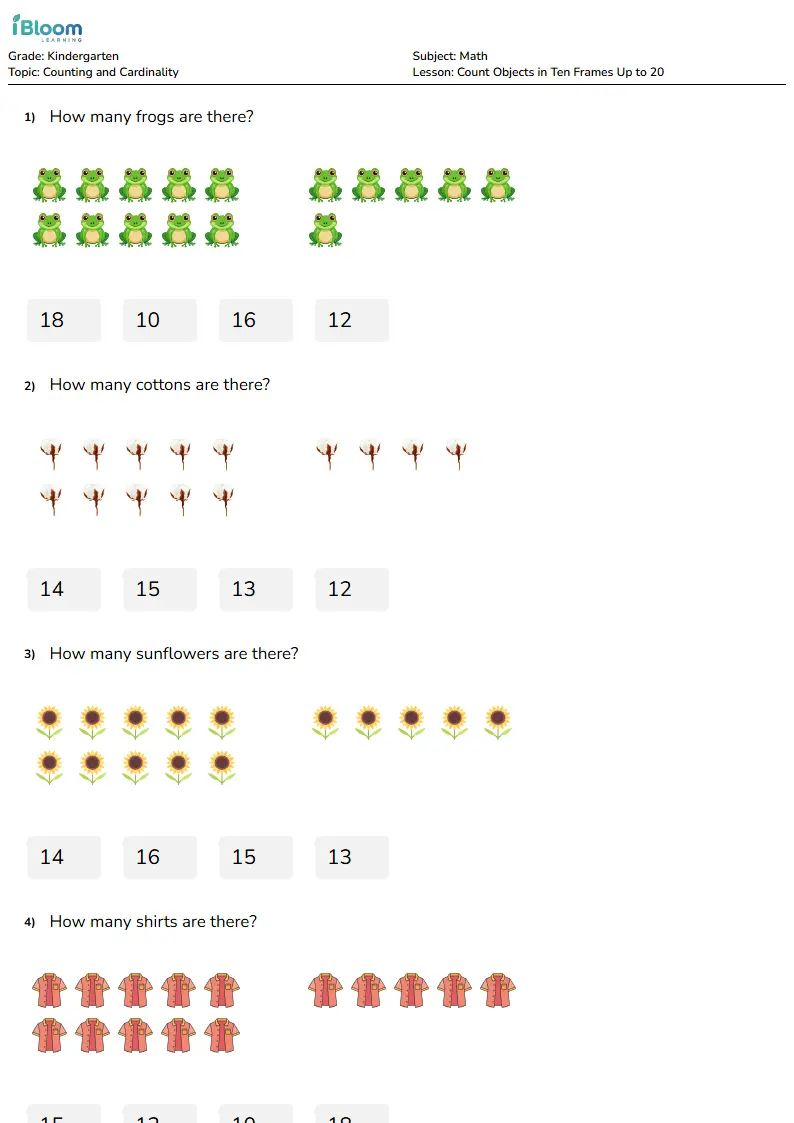 Count Objects in Ten Frames Up to 20 Lesson for Kindergarten