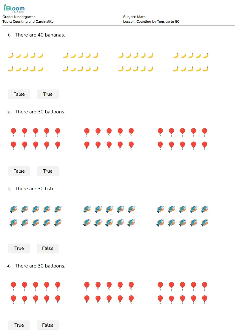 Counting by Tens up to 50 Lesson for Kindergarten