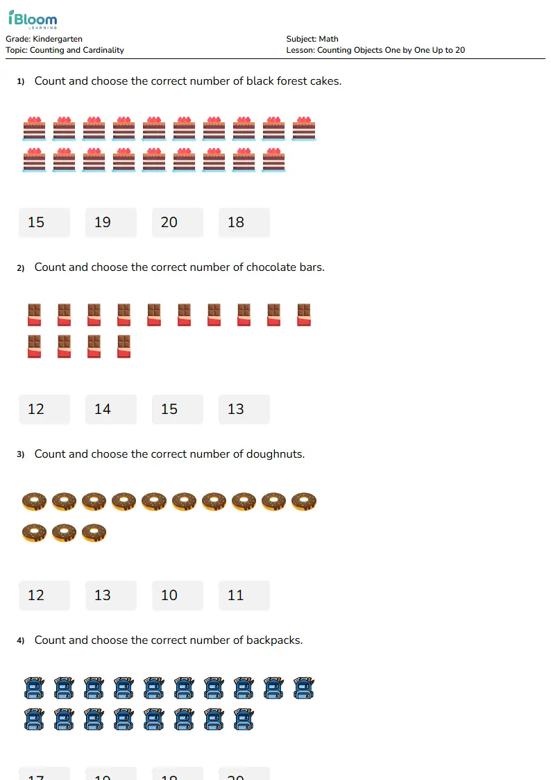 Counting Objects One by One Up to 20 Lesson for Kindergarten